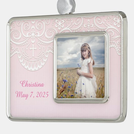 宗教ピンク、白いレース シルバープレートフレームオーナメント (左)