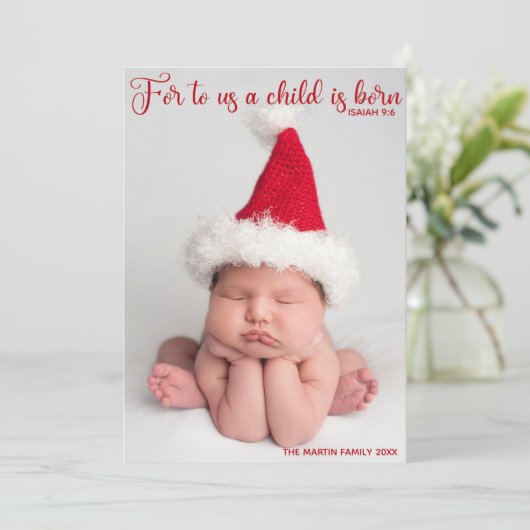 宗教ベビー写真クリスマスバイブル聖句レッド シーズンカード (スタンド正面)
