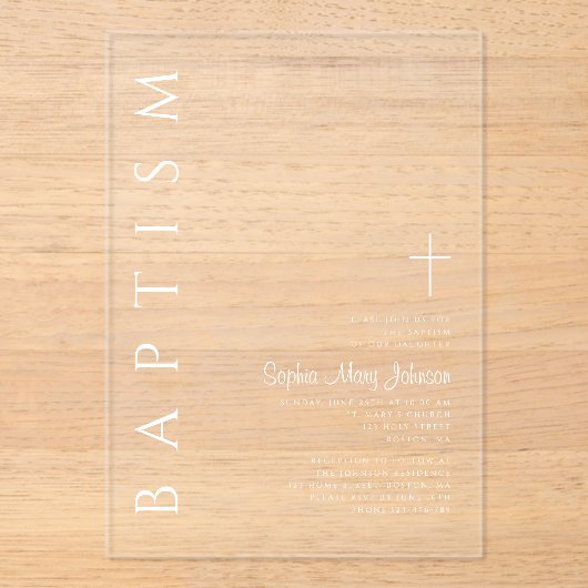 宗教モダンエレガント十字白洗礼 アクリル招待状 (正面)