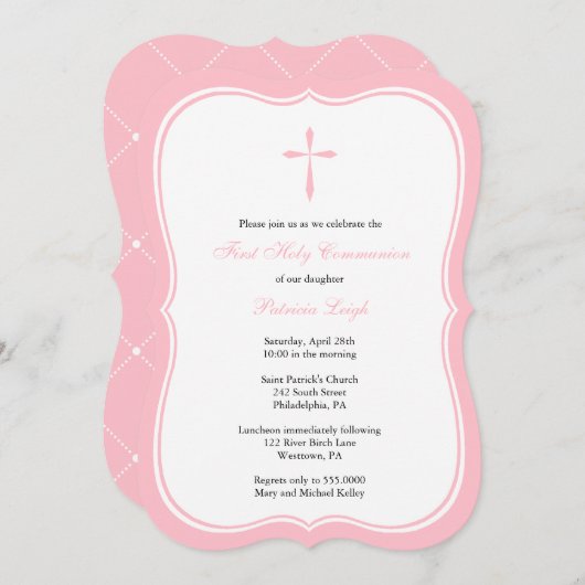 宗教モダン十字形、ピンク 招待状 (正面/裏面)