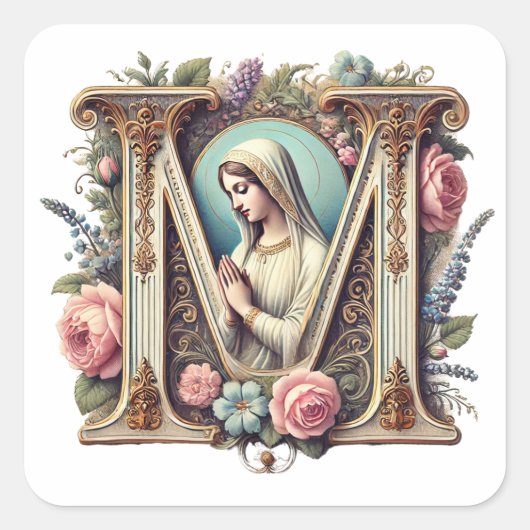 宗教ヴァージンマリア"M"カトリックヴィンテージフローラ スクエアシール (正面)