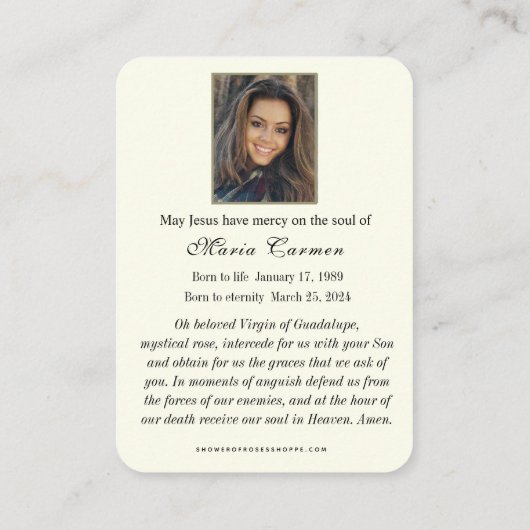 宗教ヴァージンメアリーグアダルーペカトリック葬儀 プレイスカード (裏面)