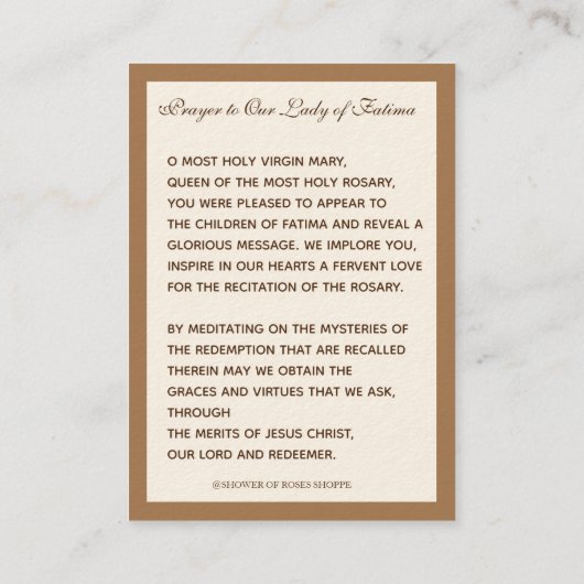 宗教ヴァージンメアリーファティマカトリック祈りの言葉 名刺 (裏面)