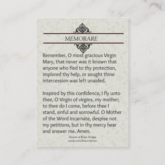 宗教ヴァージンメアリーメモリアレ祈りの言葉神聖カード 名刺 (裏面)