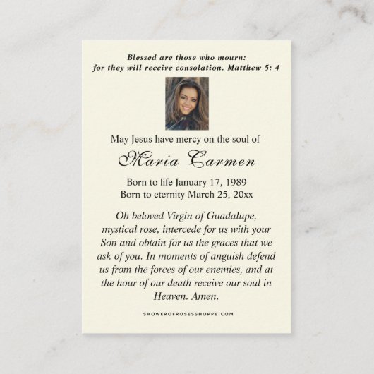 宗教ヴァージンメアリーモディラル祈りの言葉 プレイスカード (裏面)