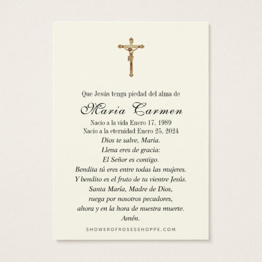 宗教ヴァージンメアリー葬儀記念祈りの言葉 (裏面)