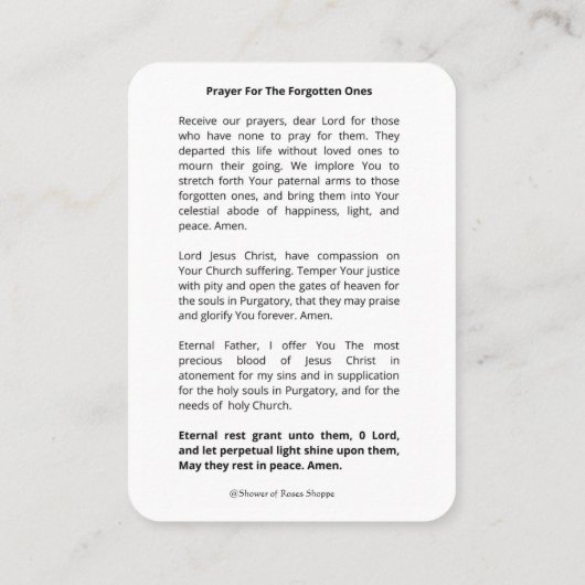 宗教ヴァージンメリーイエズパーガトリー祈りの言葉 プレイスカード (裏面)