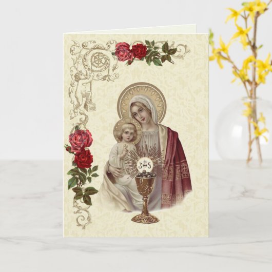 宗教ヴァージンメリーイエズファースト・ホリー・コミュニオン カード (黄色い花)