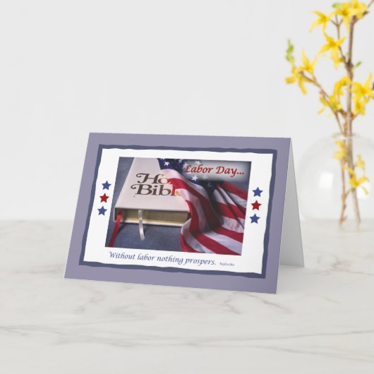 宗教上の旗と聖書を持つ労働日 カード (黄色い花)