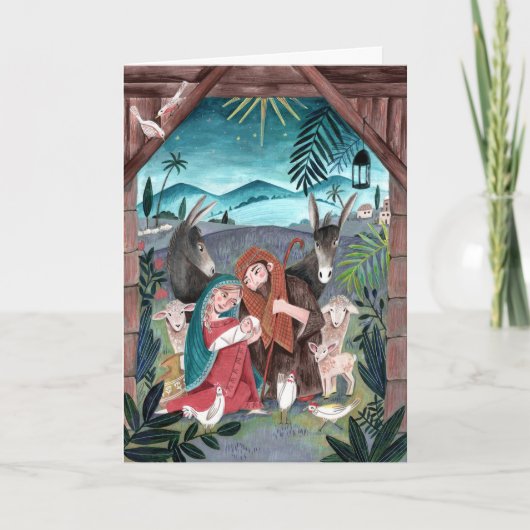 宗教出生のシーン（青）、赤のメアリー&ジョセフ シーズンカード (正面)