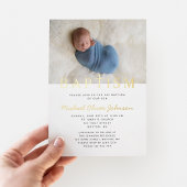 宗教十字写真少年ブルーバプテスマ金ゴールド 箔招待状