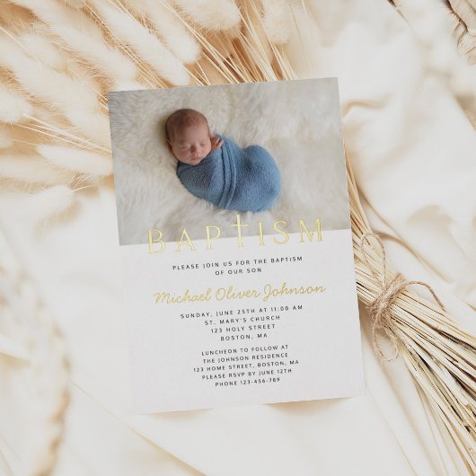 宗教十字写真少年ブルーバプテスマ金ゴールド 箔招待状