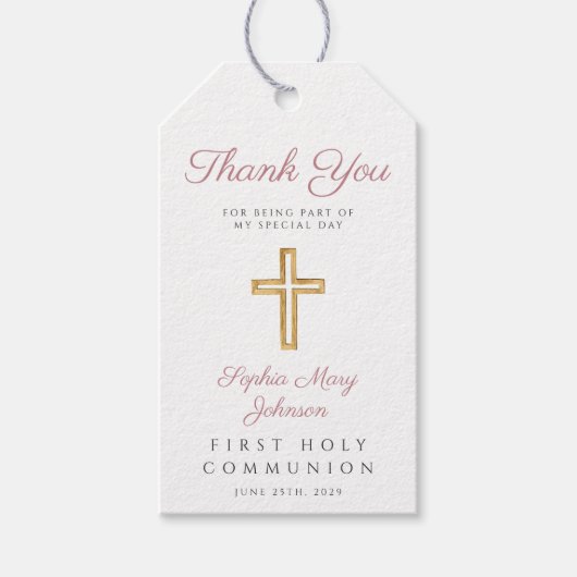 宗教十字女のピンクストライプの女の子の最初の聖餐式 ギフトタグ (正面)