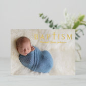 宗教十字子バプテスマ写真金ゴールド 箔招待状 (立ち正面)