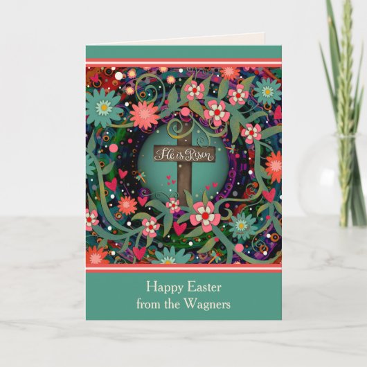 宗教十字架フローラハッピーイースター彼は上昇 カード (正面)