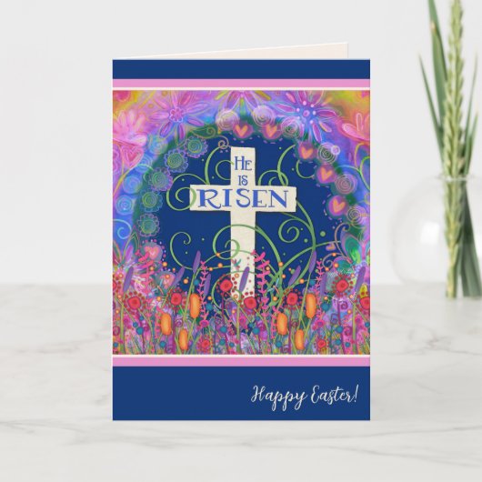 宗教十字架フローラハッピーイースター彼は上昇 カード (正面)