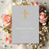 宗教十字架 グレー スクリプト 男の子 洗礼 招待状