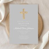 宗教十字架 グレー スクリプト 男の子 洗礼 招待状