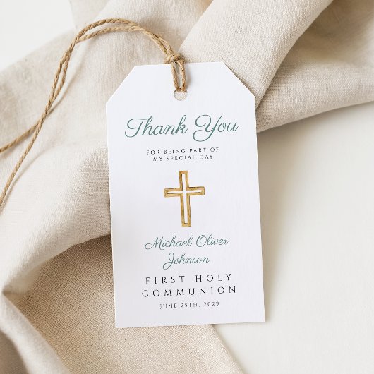 宗教十字緑の男の子ファースト・コミュニオン ギフトタグ