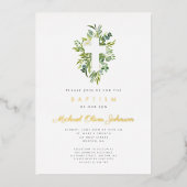 宗教十字緑植物洗礼金ゴールド 箔招待状 (正面)