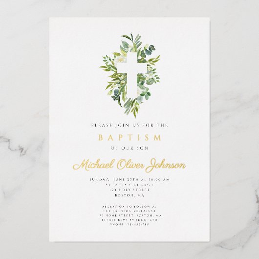 宗教十字緑植物洗礼金ゴールド 箔招待状