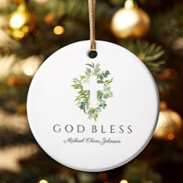宗教十字緑植物神バプテスマ祝福 セラミックオーナメント
