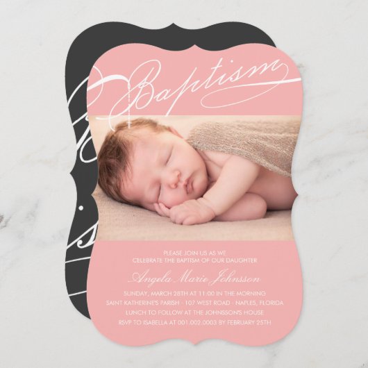 宗教原稿がある洗礼の数珠の十字のピンクの写真 招待状 (正面/裏面)