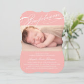 宗教原稿がある洗礼の数珠の十字のピンクの写真 招待状 (スタンド正面)