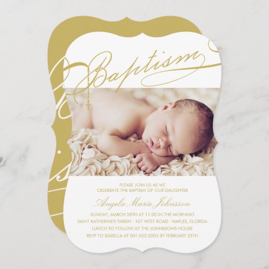 宗教原稿がある洗礼の数珠の十字の女の子の写真 招待状 (正面/裏面)