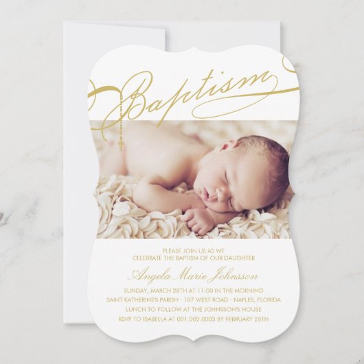 宗教原稿がある洗礼の数珠の十字の女の子の写真 招待状 (正面)