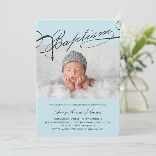 宗教原稿がある洗礼の数珠の十字の男の子の写真 招待状 (スタンド正面)