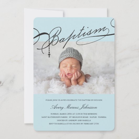 宗教原稿がある洗礼の数珠の十字の男の子の写真 招待状 (正面)