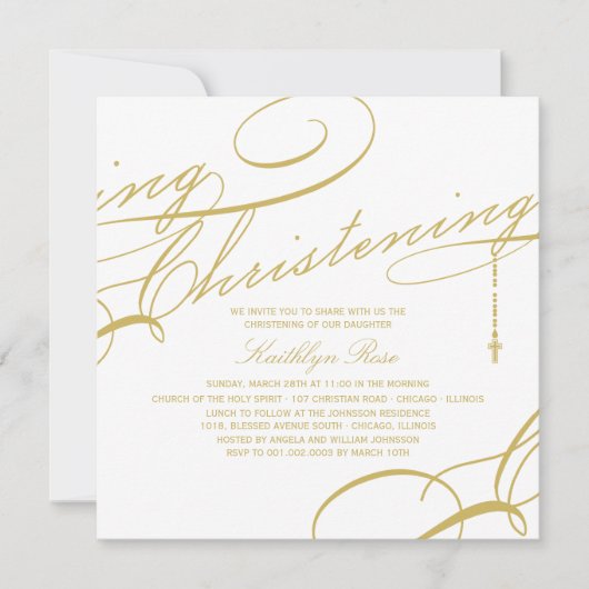 宗教原稿がある《キリスト教》洗礼式や命名式のモダンな十字の金ゴールド 招待状 (正面)