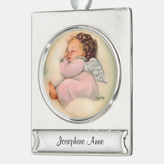 宗教女の赤ちゃんの天使の睡眠 シルバープレートバナーオーナメント (左)