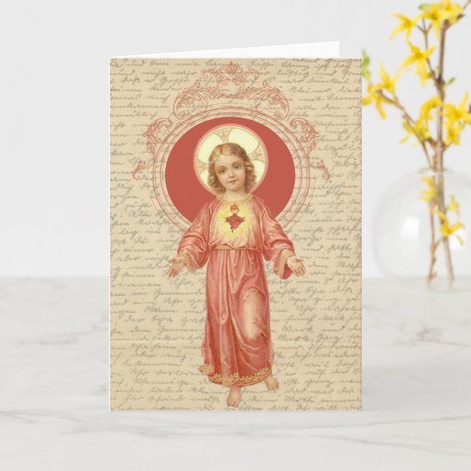 宗教子供のイエス・キリストのヴィンテージの神聖なハート カード (黄色い花)