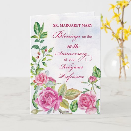 宗教専門職ピンクの修道女60周年 カード (黄色い花)