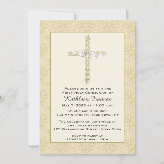 宗教弓が付いている華美な金ゴールドの十字 招待状 (正面)