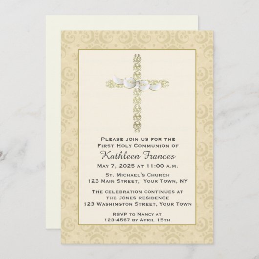 宗教弓が付いている華美な金ゴールドの十字 招待状 (正面/裏面)