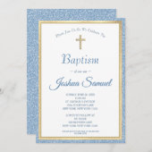 宗教洗礼ブルーグリッター金ゴールドクロスボーイ 招待状 (正面/裏面)