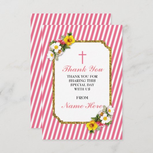 宗教珊瑚のストライプの花柄カードありがとう サンキューカード (正面/裏面)