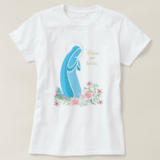 宗教生活から50周年を迎えるピンク色の花 Tシャツ (デザイン正面)