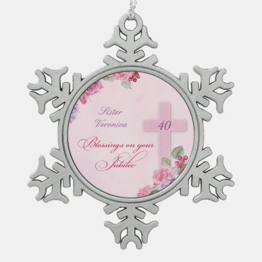 宗教生活カトリック修道女40周年 スノーフレークピューターオーナメント (正面)