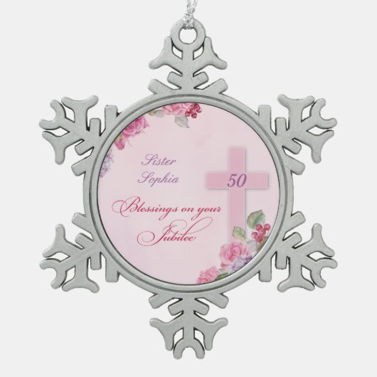 宗教生活カトリック修道女50周年 スノーフレークピューターオーナメント (正面)
