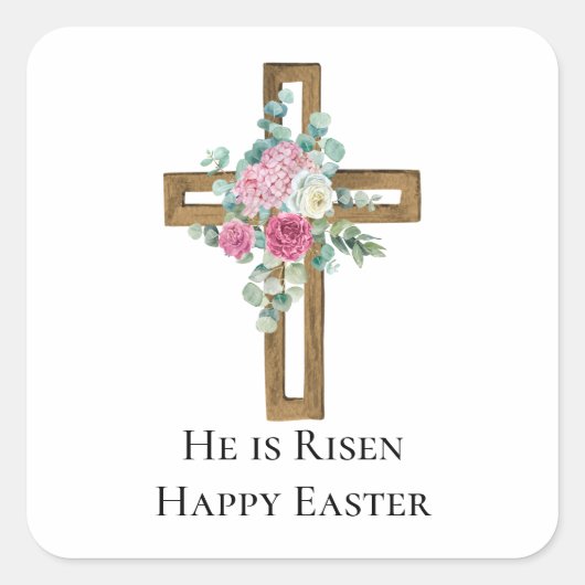 宗教的なイースター彼は木製クロスフローラ上昇 スクエアシール (正面)
