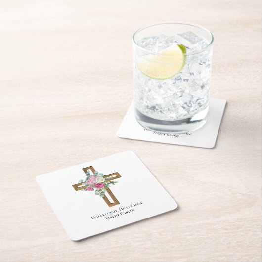 宗教的なイースター彼は木製クロスフローラ上昇 スクエアペーパーコースター (インサイチュ)