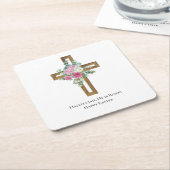 宗教的なイースター彼は木製クロスフローラ上昇 スクエアペーパーコースター (アングル)