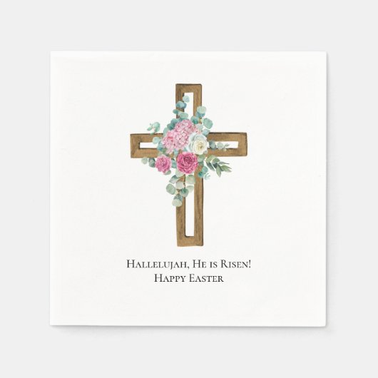 宗教的なイースター彼は木製クロスフローラ上昇 スタンダードカクテルナプキン (正面)
