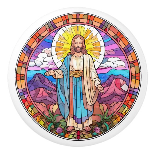 宗教的なエレガントステンドグラスフェイクイエス セラミックノブ (正面)