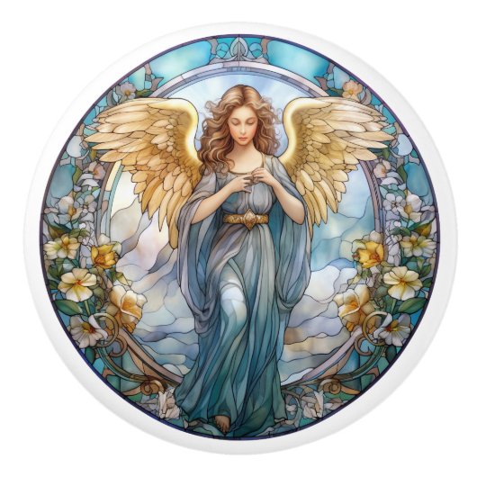 宗教的なエレガントステンドグラスフェイクエンジェル セラミックノブ (正面)