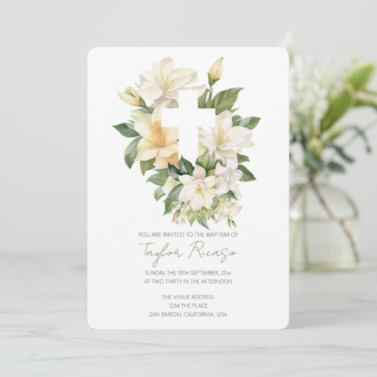 宗教的なクリスチャンのクロスリリー葉バプテスマ 招待状 (スタンド正面)